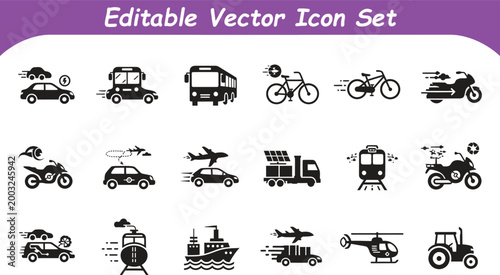 Editable vector icon set of various transportation vehicles and means of travel