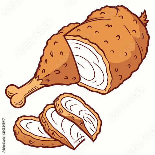 A large piece of crispy fried chicken, featuring both a drumstick and a breast, is shown with two additional slices revealing the juicy white meat inside, emphasizing its delicious texture.