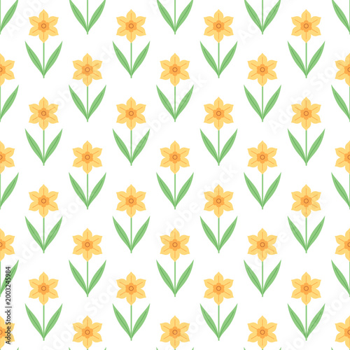 Seamless pattern of yellow daffodil flowers on white background. Minimalist flat vector floral illustration for spring textiles, gift wrap, and wallpaper. Simple botanical repeat design.