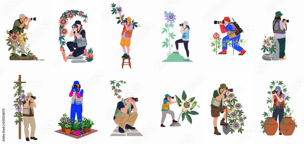 Fototapeta premium A set of flat vector illustrations of photographers in outdoor gear taking pictures of passion flowers in various natural and garden settings.
