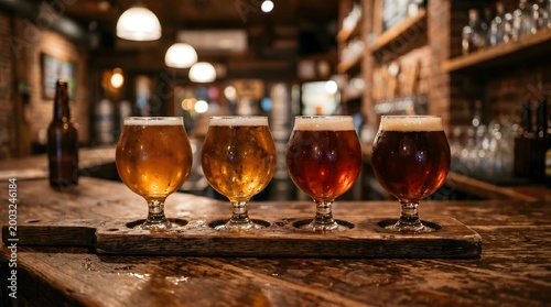 Four craft beer tasters showcase different amber and dark hues on a rustic wooden bar