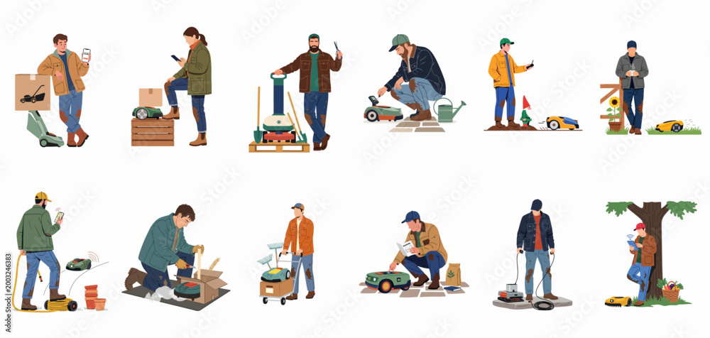 Fototapeta premium Set of flat illustrations featuring people using smart gardening tools, robotic lawn mowers, and smartphone apps for modern yard maintenance.