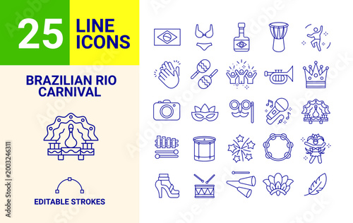 25 Brazilian Rio Carnival line icons editable vector set