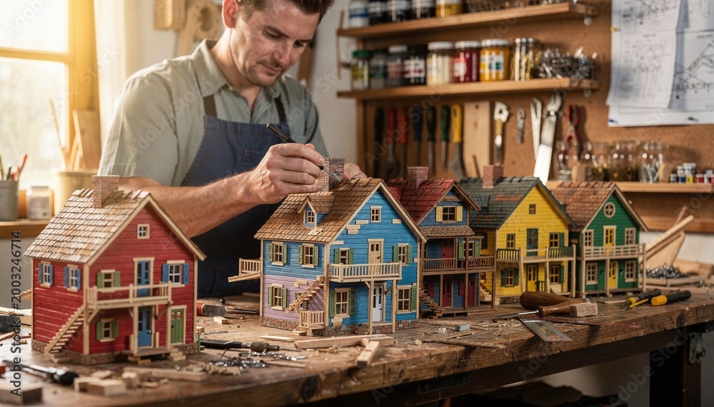 Fototapeta premium Focused Artisan Meticulously Craft Architectural Miniatures in Rustic Workshop, Showcasing Creativity, Dedication, and Craftsmanship