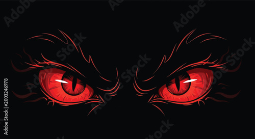Glowing red eyes, evil gaze, dramatic illustration, vector artwork