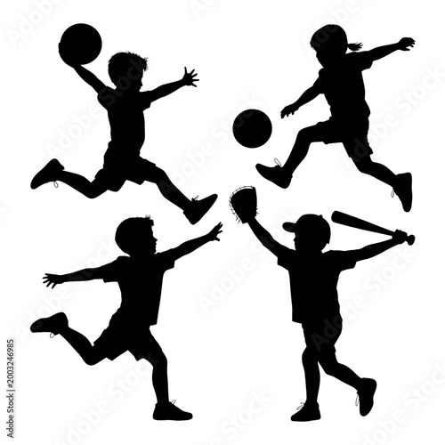 Silhouettes of children playing various sports.