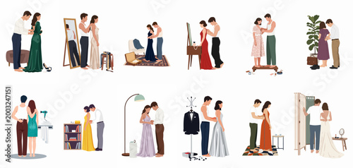 Collection of flat vector illustrations depicting men helping women zip up their formal dresses in various romantic and intimate indoor settings.