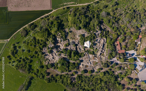 Aerial View of Ancient Troy Ruins Archaeological Site in Canakkale Turkey UNESCO World Heritage