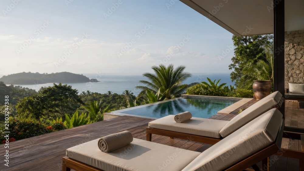 Fototapeta premium Private resort terrace with infinity pool sun loungers and panoramic tropical sea view