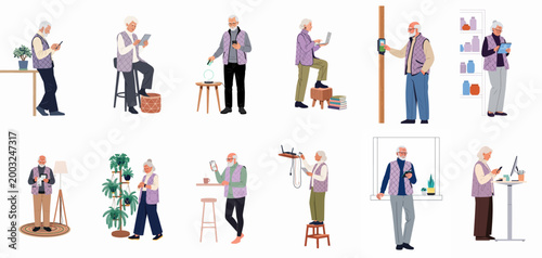Canvas Print Diverse collection of elderly characters confidently using digital tools, smart devices, and modern technology in various everyday lifestyle scenarios