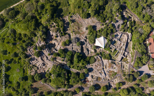 Aerial View of Ancient Troy Ruins Archaeological Site in Canakkale Turkey UNESCO World Heritage