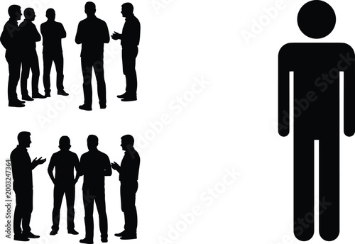Silhouette illustration showing groups of people engaged in social interaction contrasted with isolated individual figure representing solitude and inclusion dynamics