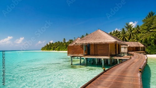 Overwater bungalow on clear turquoise lagoon with wooden walkway and tropical island beach