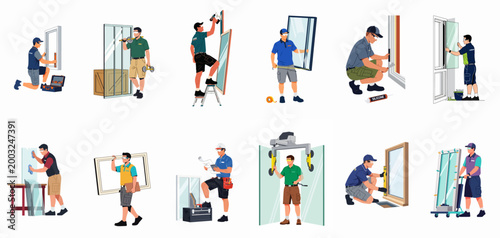 Set of flat vector illustrations depicting professional glaziers and window installers performing various installation, measurement, and maintenance tasks on a white background.