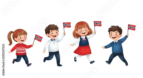 Cartoon illustration of happy children celebrating Norway National Day with flags, designed as vector icons against a white background, conveying a joyful mood and highlighting the spirit