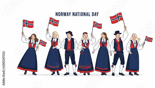 A cheerful group of people in traditional Norwegian clothing joyfully wave flags in a vector illustration celebrating Norway National Day, set against a clean white background