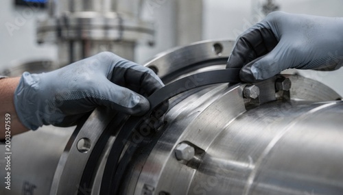 Closeup medium shot of an engineer installing an EPDM gasket focusing on precision and durability against harsh chemical exposure.