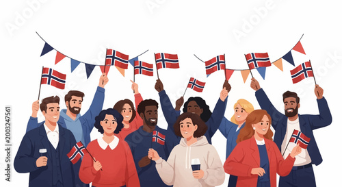 A diverse group of people celebrate Norway's Independence Day in a vector illustration, waving Norwegian flags and standing under festive bunting against a clean white background