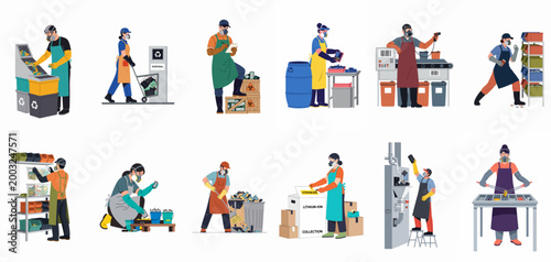 Flat vector set of industrial workers sorting, collecting, and processing various types of batteries for recycling and hazardous e-waste management.