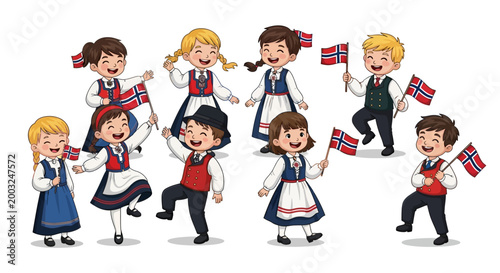 Cheerful children in traditional Norwegian costumes celebrate Norway's Independence Day, waving national flags in a festive vector illustration against a clean white background