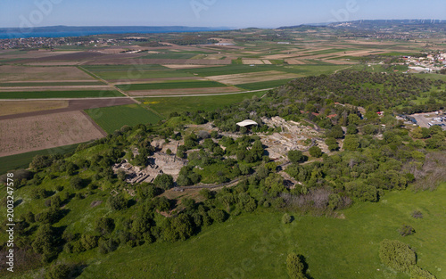 Aerial View of Ancient Troy Ruins Archaeological Site in Canakkale Turkey UNESCO World Heritage