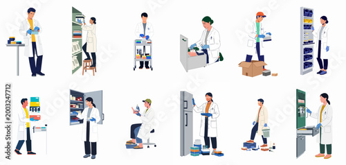 Set of Laboratory Scientists and Technicians Conducting Research, Managing Supplies, and Organizing Equipment in a Professional Lab Environment