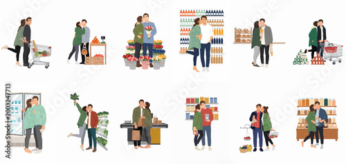 Flat vector illustration set of a romantic young couple grocery shopping together, showing affection in various supermarket aisles and food sections.