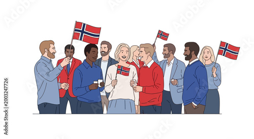 Illustrated scene of diverse people celebrating Norway's National Day, waving Norwegian flags in a public parade against a clean white background with a sense of patriotism and unity