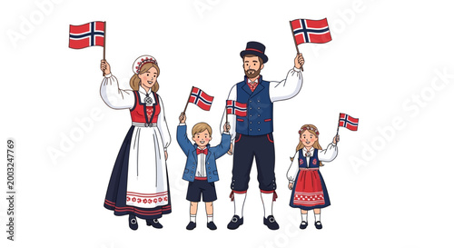 A family celebrates Norway's Independence Day, waving Norwegian flags in a cheerful vector illustration, designed with traditional clothing against a clean white background