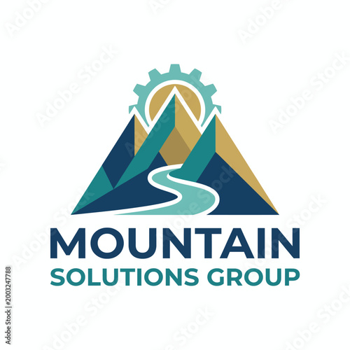 This modern logo design for Mountain Solutions Group features mountain peaks and a gear, symbolizing progress, adventure, and solutions in a professional setting.