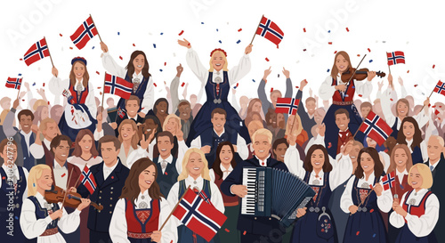 Detailed vector illustration of a jubilant crowd of people celebrating Norway's Independence Day, many holding flags and playing instruments, set against a festive background with a sense