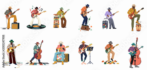 Retro Illustration Collection of Musicians Playing Electric and Upright Basses in 1970s Fashion and Outfits, Isolated on White Background.