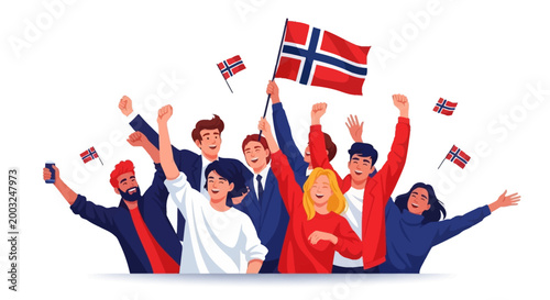 A jubilant crowd of diverse people celebrating Norway's Independence Day with flags and raised arms, depicted in a flat vector illustration style conveying a feeling of patriotism