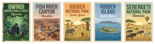 Vintage africa travel poster set. Including bwindi forest, fish river canyon, kruger national park, robben island, and serengeti. Retro vector illustration.