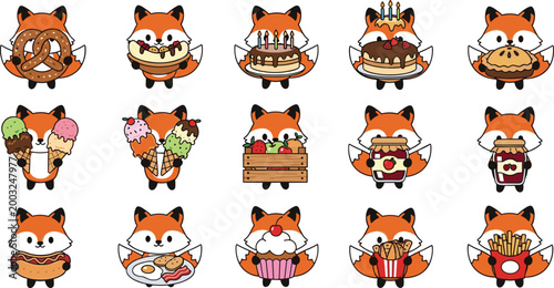 Cute Kawaii Orange Fox Character Sticker Set Holding Cakes, Desserts, Pizza, Fries and Various Food Cartoon Mascots