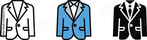 Blazer jacket icon set. Formal fashion apparel symbol for business and casual wear in outline, flat and solid style