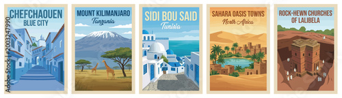 Vintage africa travel poster set. Including chefchaouen, mount kilimanjaro, sidi bou said, sahara oasis, and lalibela churches. Retro vector illustration.