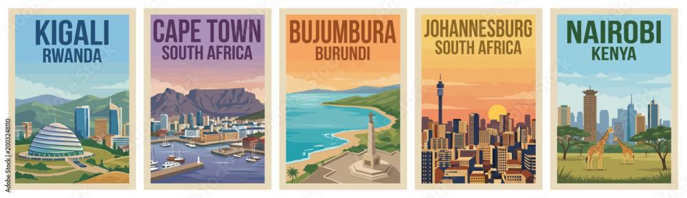 Obraz premium Vintage africa travel poster set. Including kigali, cape town, bujumbura, johannesburg, and nairobi. Retro vector illustration.
