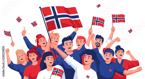 A crowd of cheerful characters celebrate Norway's Independence Day with waving flags, depicted in a vibrant vector illustration with a clean, white background, conveying a sense of public