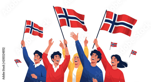 Vector art showing a group of cheerful people celebrating Norway's Independence Day with Norwegian flags at a public parade, set against a clean white background and designed to evoke