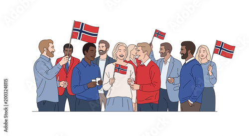 A group of diverse people joyfully celebrating Norway's Independence Day, waving Norwegian flags in a public parade, depicted as a line art illustration with a clean white background