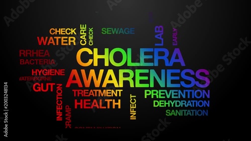 cholera awareness concept Animated Tag Word Cloud kinetic typography, Text Design Animation typography seamless loop video motion graphics Intro Wordart rainbow type on black background bg backdrop