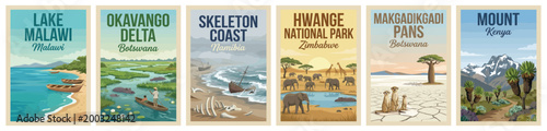 Vintage africa travel poster set. Including lake malawi, okavango delta, skeleton coast, hwange park, makgadikgadi, and mount kenya. Retro vector illustration.