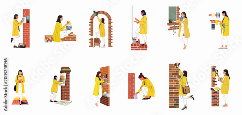Collection of flat vector illustrations depicting a female interior designer in a yellow coat performing various home renovation tasks with color palettes and bricks.