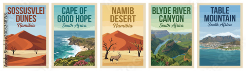 Vintage africa travel poster set. Including sossusvlei dunes, namibia, cape of good hope, blyde river canyon, and table mountain. Retro vector illustration.