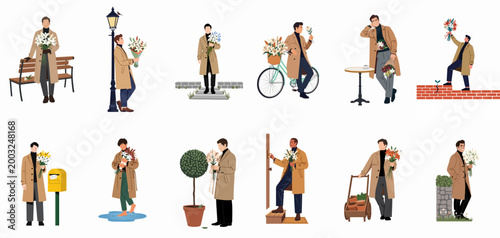 Set of Illustrations of Men in Trench Coats Carrying Bouquets of Flowers in Various Outdoor and Indoor Urban Settings for Romantic Themes