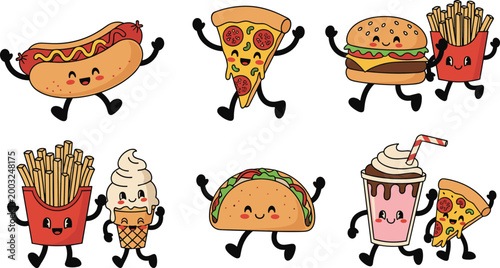 Cute Kawaii Fast Food Friends Characters Set with Hotdog, Pizza, Burger, Fries, Taco, Ice Cream and Milkshake Dancing