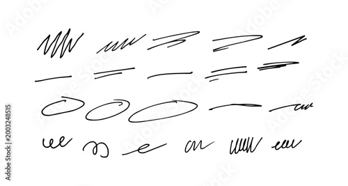 Charcoal hand drawn pencil arrows, scribbles and circle boxes. Doodle curved chalk darts. Texture design elements of scribble lines. Vector illustration of hand painted crayon check lines
