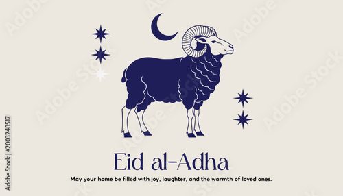 Eid al-adha card with ram illustration moon stars crescent moon loved ones beige background holy day greeting celebration festival sacrifice religious traditional blessings