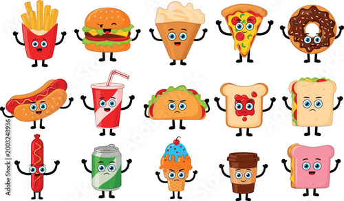 
Funny Cartoon Fast Food Characters Set with Fries, Burger, Pizza, Hotdog, Taco, Donut, Soda and Ice Cream Mascots